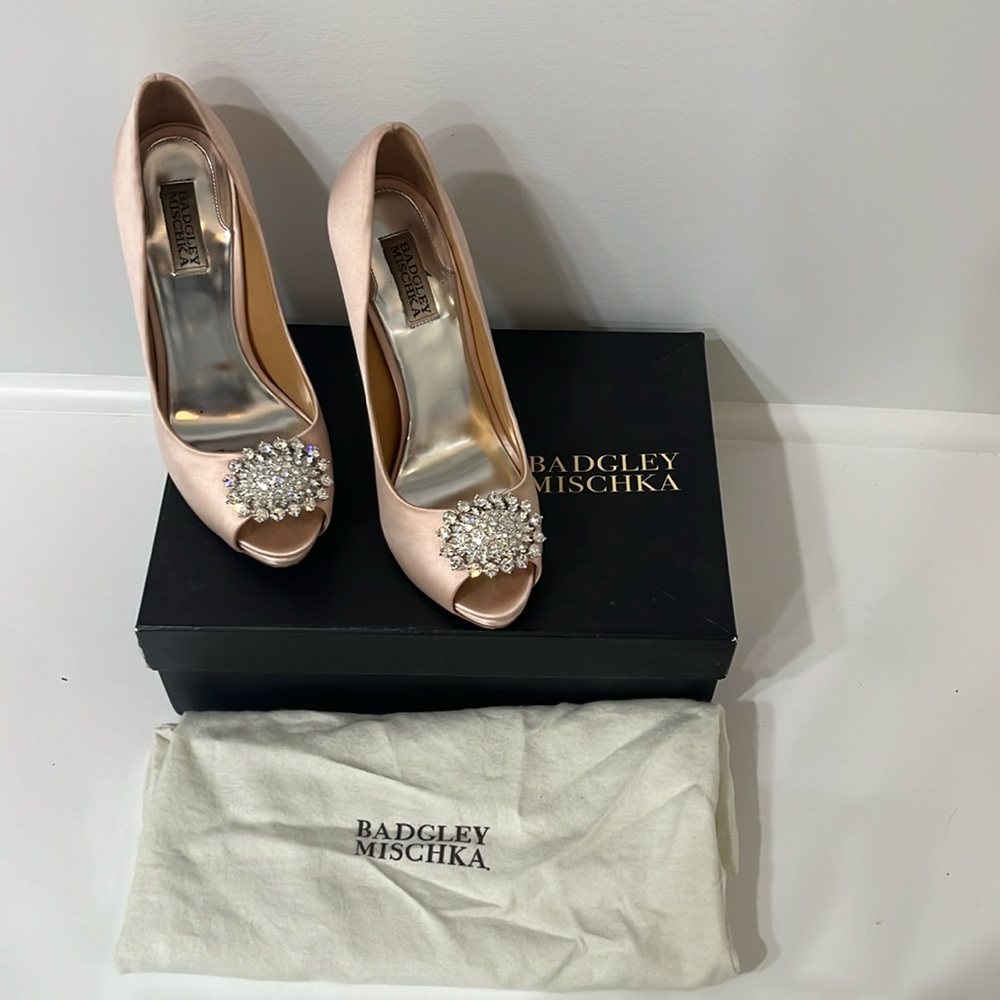 Badgley Mischka Pink Satin Lissa Crystal Open Toe Heels